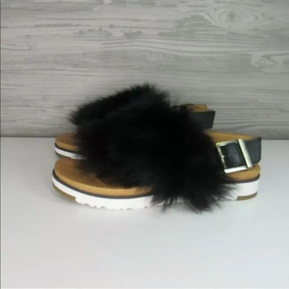 UGG HOLLY BLACK SHEEPSKIN/ LEATHER IMPRINT SANDALS