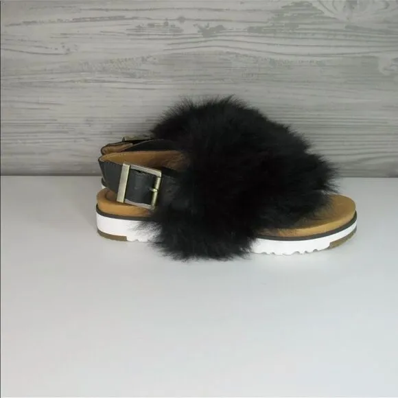 UGG HOLLY BLACK SHEEPSKIN/ LEATHER IMPRINT SANDALS