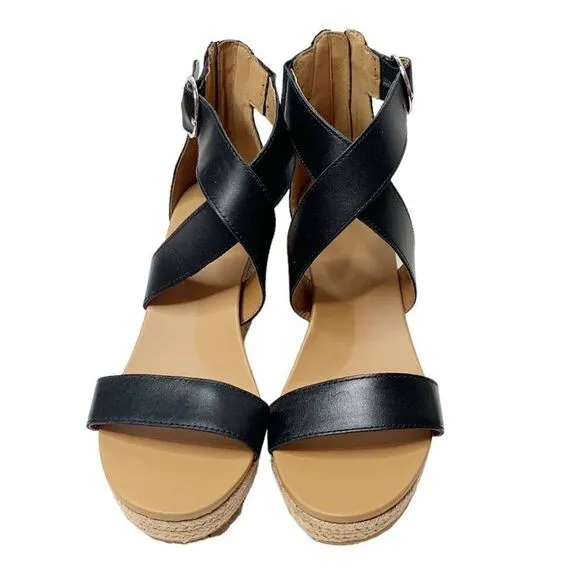 Ugg Hylda Black Leather Strappy Espadrille Wedge Sandals Ankle Buckle Women’s 11