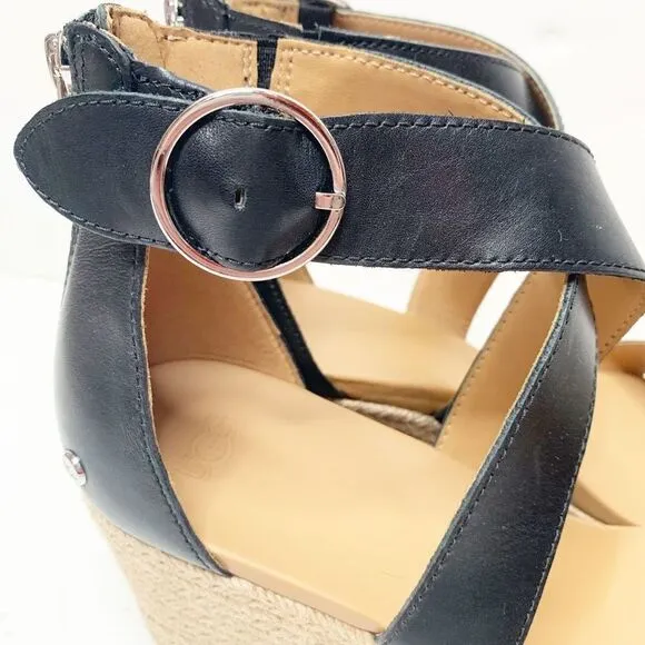 Ugg Hylda Black Leather Strappy Espadrille Wedge Sandals Ankle Buckle Women’s 11
