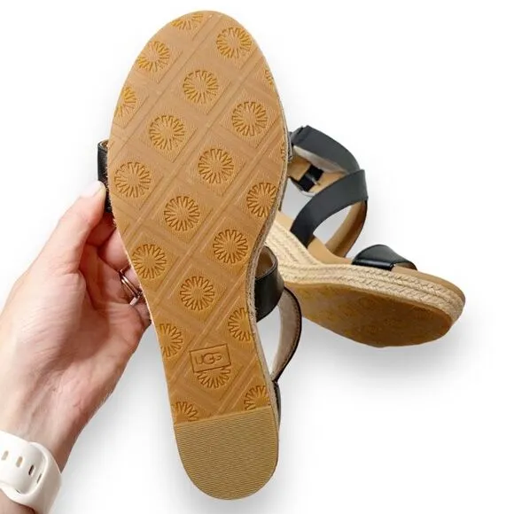 Ugg Hylda Black Leather Strappy Espadrille Wedge Sandals Ankle Buckle Women’s 11