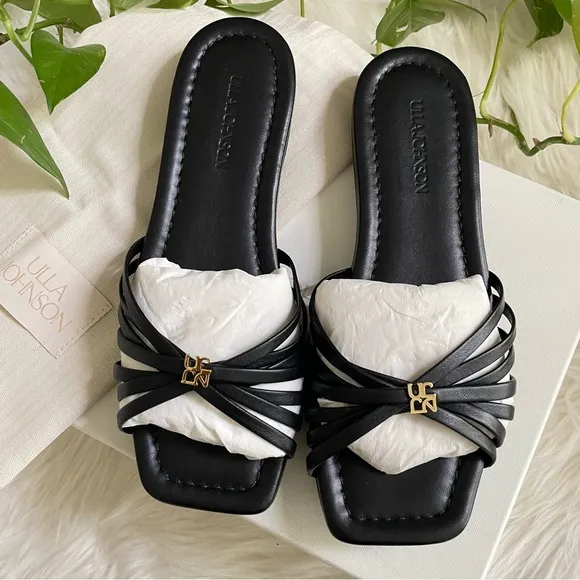 ULLA JOHNSON ALTHEA CAGE SLIDE Black Strap Sandals with Gold Hardware W9