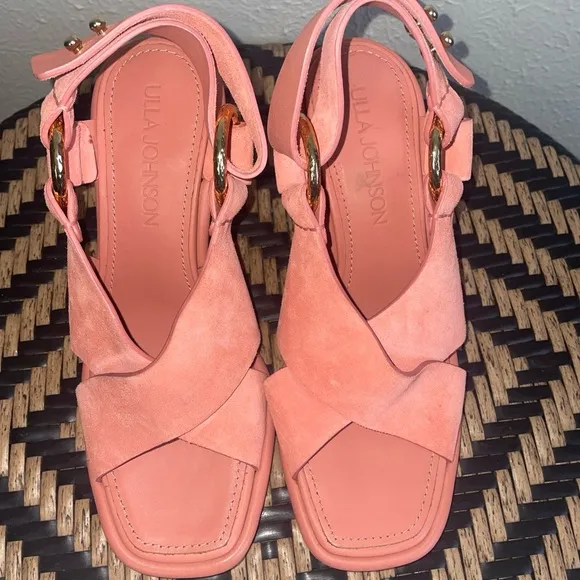 Ulla Johnson Filippa Suede Heeled Sandals Salmon Pink Size 35 / US 5 – NWOB