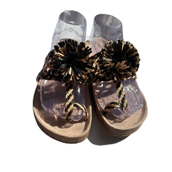 Ulla Johnson Netta Sandal Melange Black and Cream Size 37 Size 7 US Toe Strap