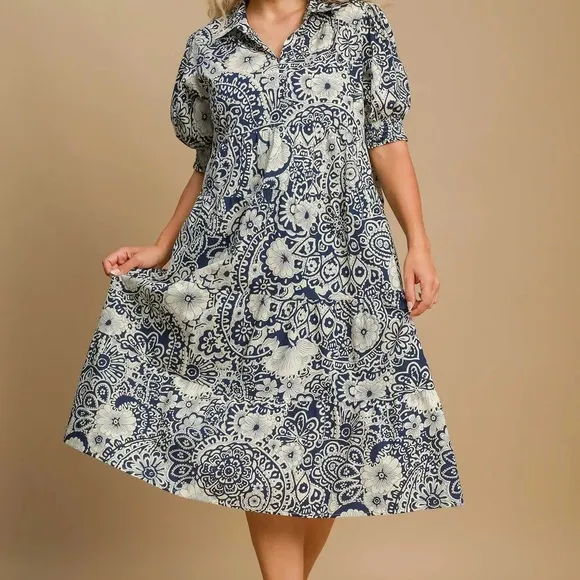 Umgee Navy and White Floral Dress