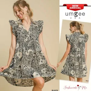 ❤️Umgee Printed Ruffle Sleeves Collared Neck Tiered Babydoll Mini Dress | Black
