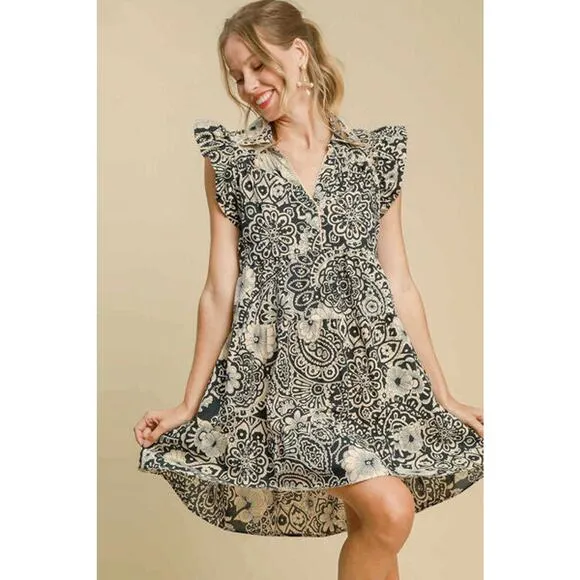 ❤️Umgee Printed Ruffle Sleeves Collared Neck Tiered Babydoll Mini Dress | Black