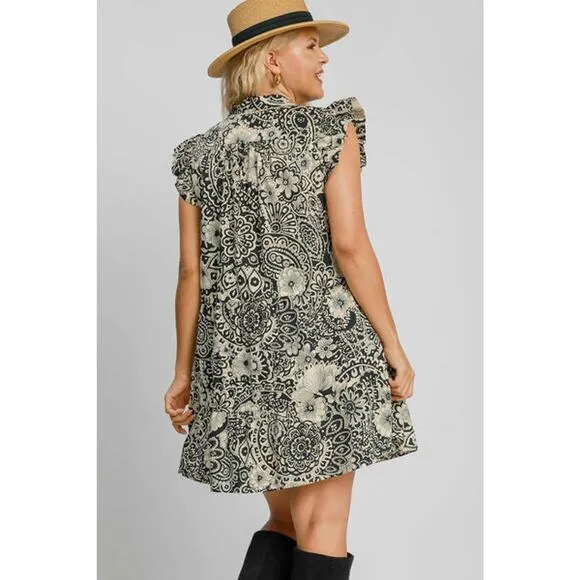 ❤️Umgee Printed Ruffle Sleeves Collared Neck Tiered Babydoll Mini Dress | Black