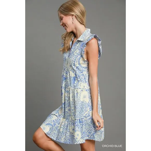 ❤️Umgee Printed Ruffle Sleeves Collared Neck Tiered Babydoll Mini Dress | Black