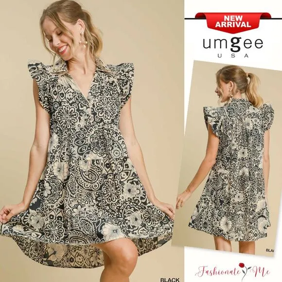 ❤️Umgee Printed Ruffle Sleeves Collared Neck Tiered Babydoll Mini Dress | Black