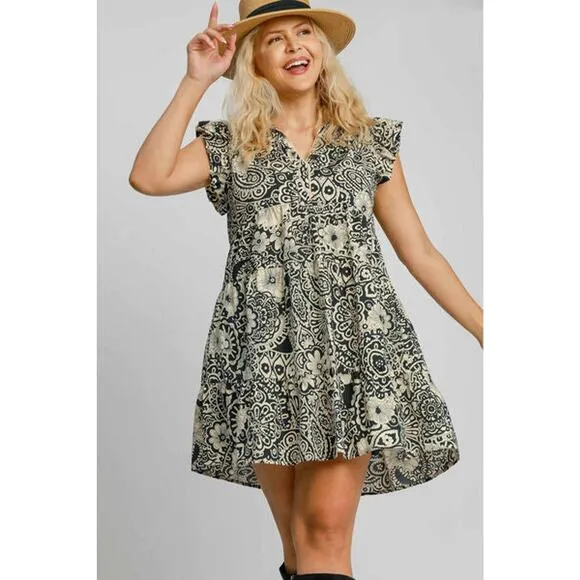 ❤️Umgee Printed Ruffle Sleeves Collared Neck Tiered Babydoll Mini Dress | Black