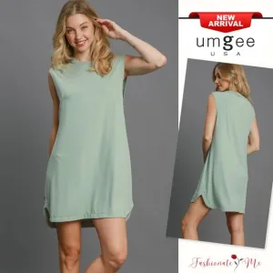 Umgee Round Neck Sleeveless High-Low Curved Hemline Mini Dress | Dusty Mint