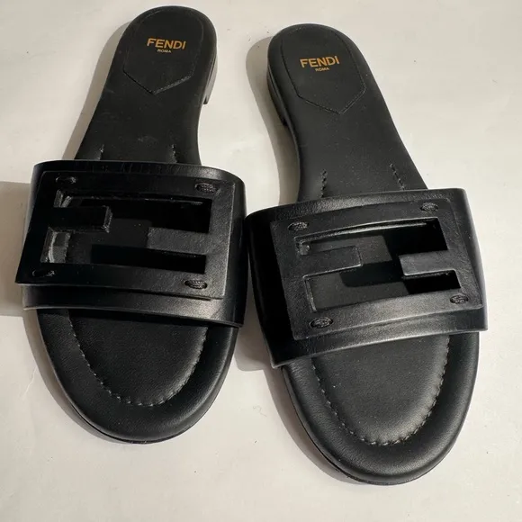 Used Fendi logo leather slides Black Slide Sandals for Women 36.5 sz 6