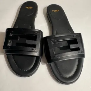 Used Fendi logo leather slides Black Slide Sandals for Women 36.5 sz 6