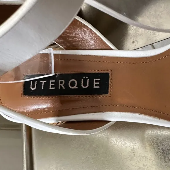 Uterque Dressy Leather Sandals White Rattan Trim Heels Womens Shoes 9