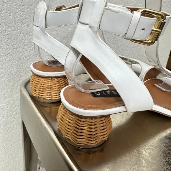 Uterque Dressy Leather Sandals White Rattan Trim Heels Womens Shoes 9