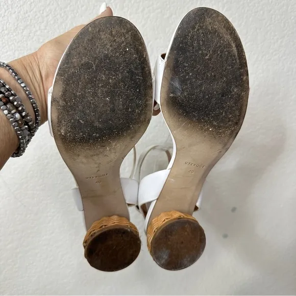 Uterque Dressy Leather Sandals White Rattan Trim Heels Womens Shoes 9