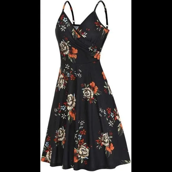 V Neck Floral Spaghetti Strap Summer Casual Dress Sleeveless dress with Pocket
