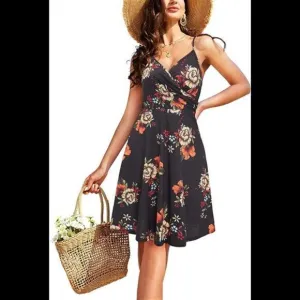 V Neck Floral Spaghetti Strap Summer Casual Dress Sleeveless dress with Pocket