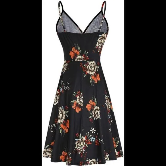 V Neck Floral Spaghetti Strap Summer Casual Dress Sleeveless dress with Pocket