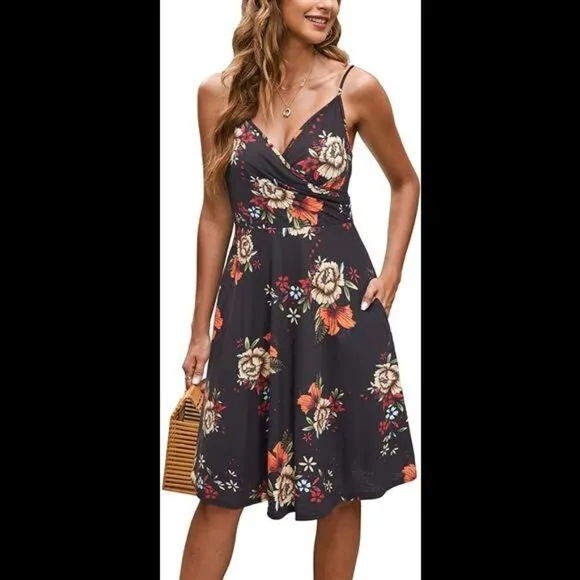 V Neck Floral Spaghetti Strap Summer Casual Dress Sleeveless dress with Pocket