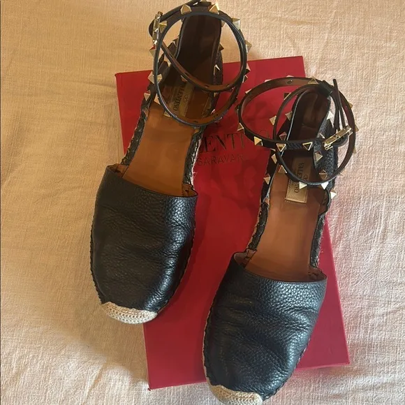 Valentino Black Leather Espadrille Sandals