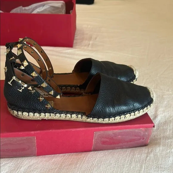 Valentino Black Leather Espadrille Sandals