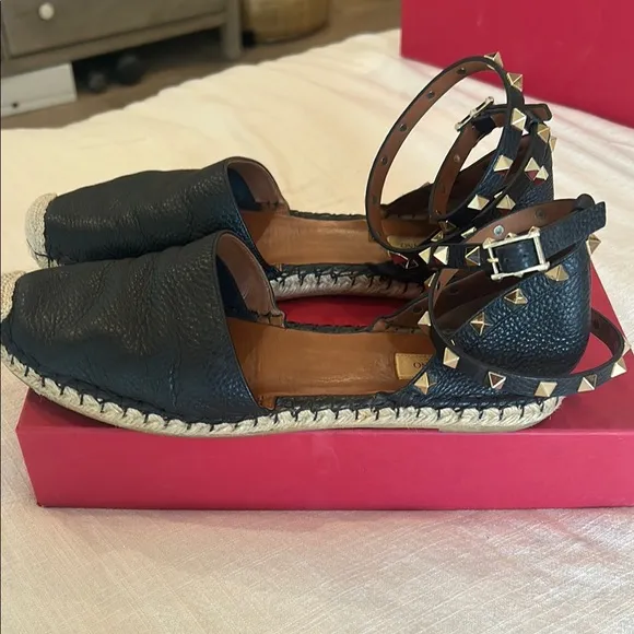 Valentino Black Leather Espadrille Sandals