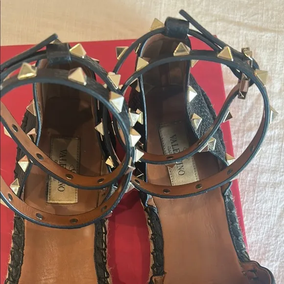 Valentino Black Leather Espadrille Sandals