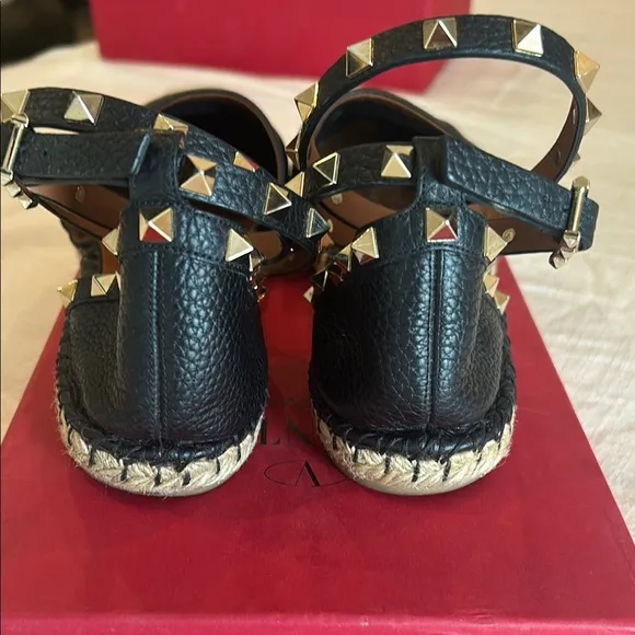Valentino Black Leather Espadrille Sandals
