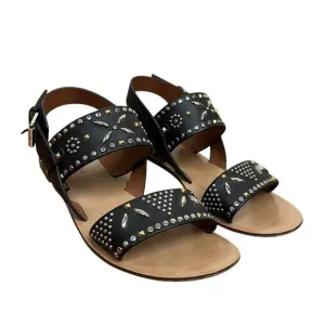 Valentino Garavani Black Suede Studded Flat Sandals Size 37.5 Authentic