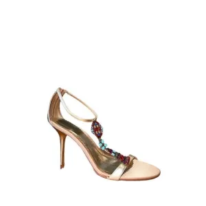 Valerie Stevens-Mosaic-Beaded Strappy Sandal Heels - Gold Leather - Womens Sz 10