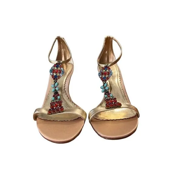 Valerie Stevens-Mosaic-Beaded Strappy Sandal Heels - Gold Leather - Womens Sz 10
