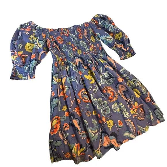 Velvet by Graham &amp; Spencer Blue Floral Smocked  Mini Dress - Size L