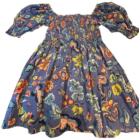 Velvet by Graham &amp; Spencer Blue Floral Smocked  Mini Dress - Size L