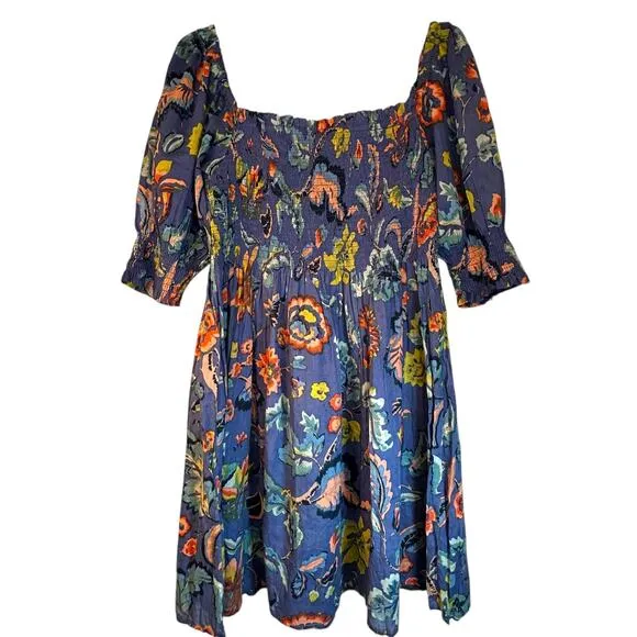 Velvet by Graham &amp; Spencer Blue Floral Smocked  Mini Dress - Size L
