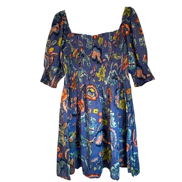 Velvet by Graham &amp; Spencer Blue Floral Smocked  Mini Dress - Size L