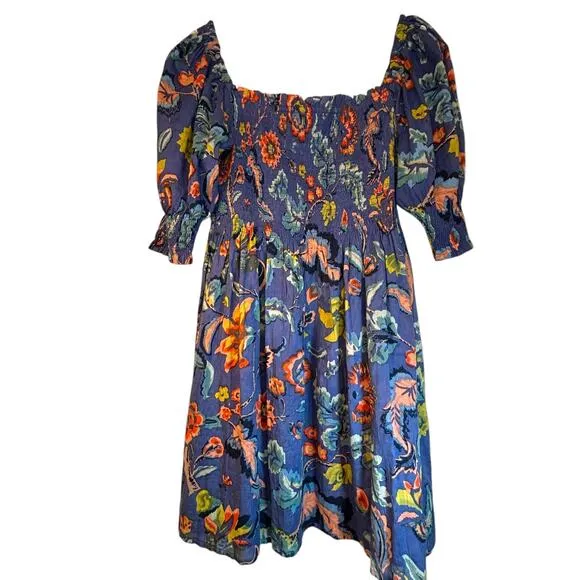 Velvet by Graham &amp; Spencer Blue Floral Smocked  Mini Dress - Size L
