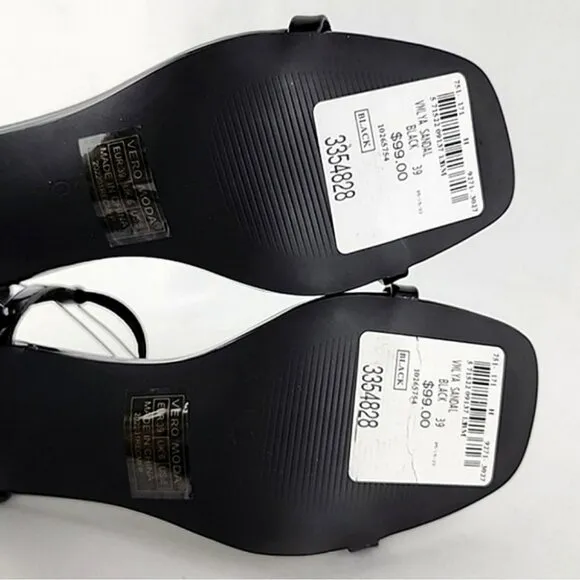 Vero Moda Lya Black Patent Thin Strappy Dressy Heeled Sandals Ankle Strap Size 8