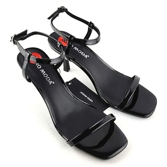 Vero Moda Lya Black Patent Thin Strappy Dressy Heeled Sandals Ankle Strap Size 8