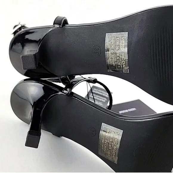 Vero Moda Lya Black Patent Thin Strappy Dressy Heeled Sandals Ankle Strap Size 8