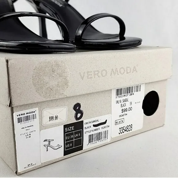 Vero Moda Lya Black Patent Thin Strappy Dressy Heeled Sandals Ankle Strap Size 8