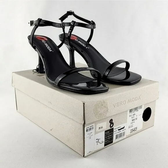 Vero Moda Lya Black Patent Thin Strappy Dressy Heeled Sandals Ankle Strap Size 8