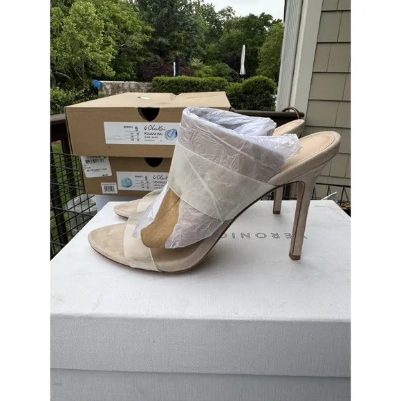 Veronica Beard Asha Heeled Sandals Women's Size 9 Ecru Clear Suede Sexy