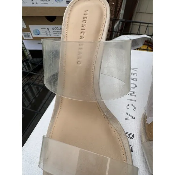 Veronica Beard Asha Heeled Sandals Women's Size 9 Ecru Clear Suede Sexy