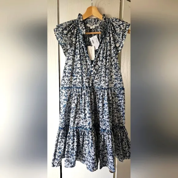 Veronica Beard Zee Ruffle Batik Print Cotton Poplin Button-front Dress NWT Sz 8