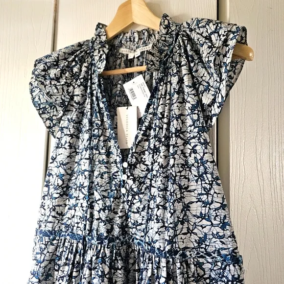 Veronica Beard Zee Ruffle Batik Print Cotton Poplin Button-front Dress NWT Sz 8