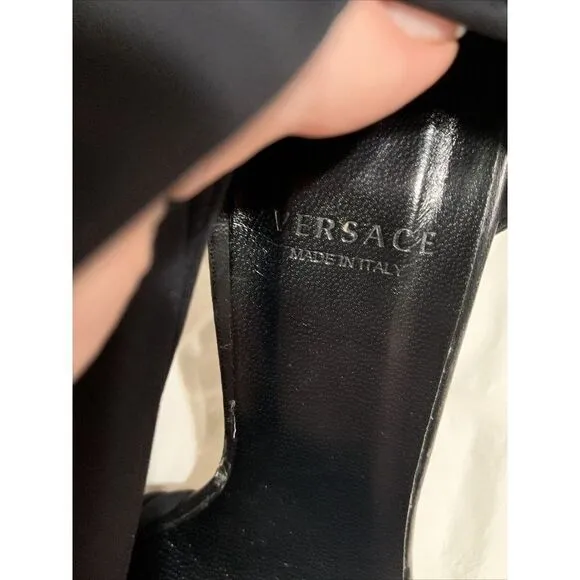 Versace Authentic Genuine Leather Solid Black High Heel Sandals 5