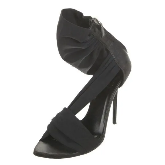 Versace Authentic Genuine Leather Solid Black High Heel Sandals 5