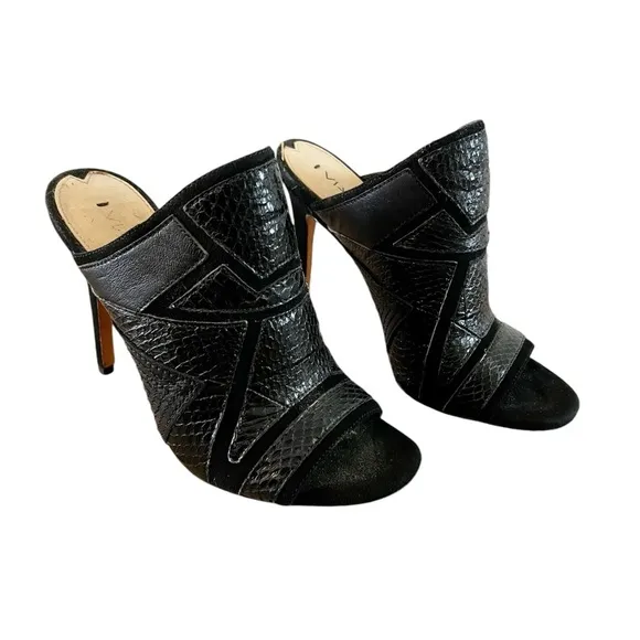 Via Spiga Sandals Snake Print Black Open Toe Slip On Heels Women's Shoes Size 6